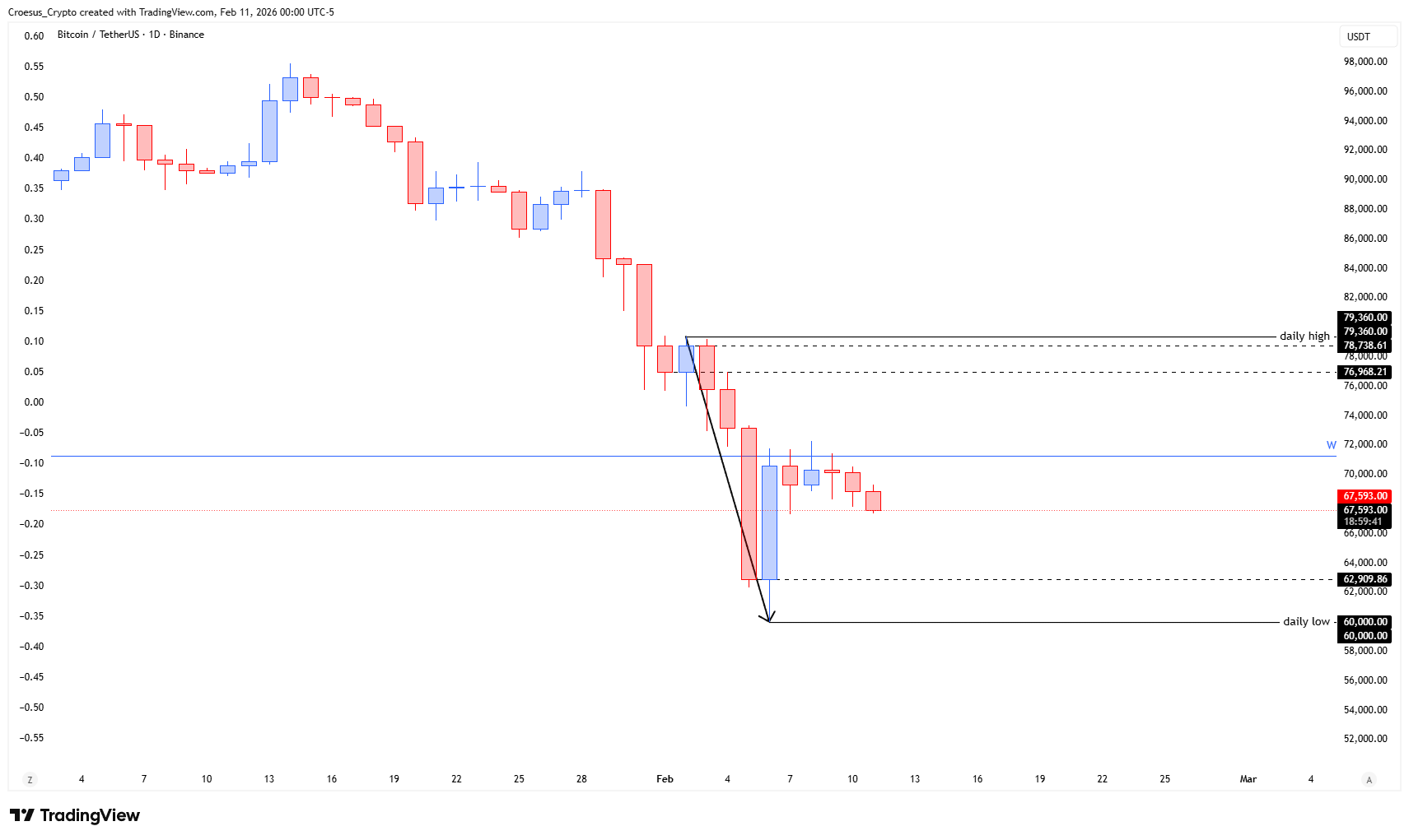 Bitcoin weekly chart February 2026 with broken weekly support flipped into resistance, rejection from that zone, and 0.618 Fibonacci retracement activation (URL: https://stc4s4zmgzxujyc.blob.core.windows.net/images/1770786489640-BTCUSDT_2026-02-11_06-00-18.png)